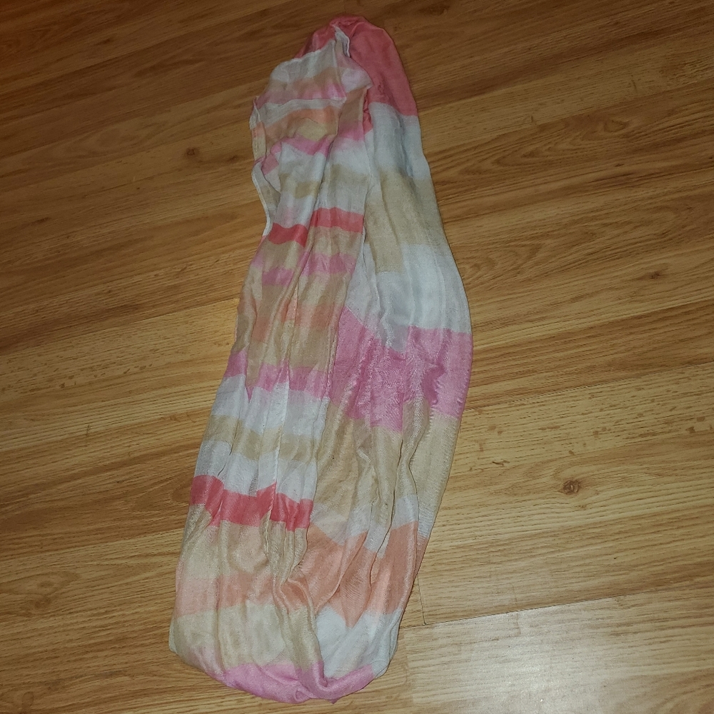 Pink, tan, and white infinity scarf